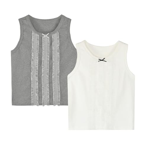 2 Piece Girls Tank Top with Lace for Summer Sleeveless Dance Top Wide Strap 5T-13Y