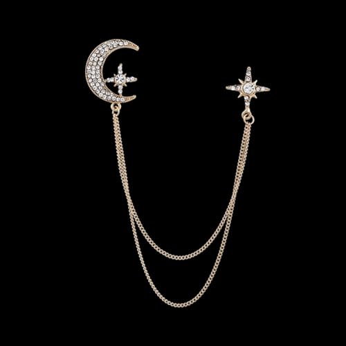 Image of Moon Star Rhinestone Brooch with Gold Tassel Brooch for Unisex