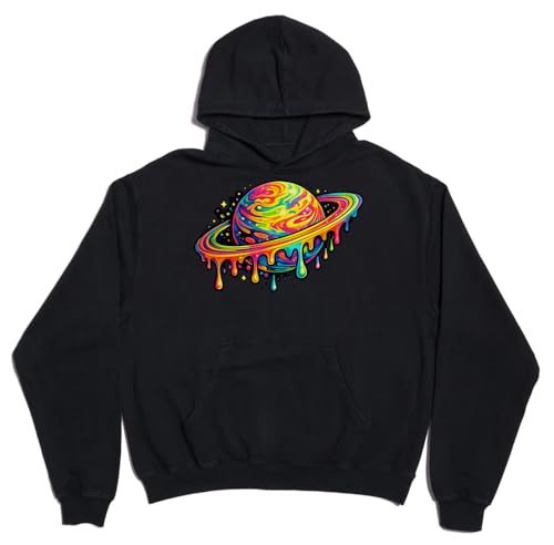Image of Melting Vivid Rainbow Planet Illustration Unisex Oversized Heavyweight Cotton Blend Hoodie Black X-Small