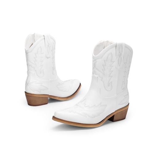 Image of Western Cowboy Boots for Women Rhinestone Cowgirl Boot with Low Block Heel Embroidery Sparkly Short Ankle Booties Walking Bootie for Country Concert Disco Outfits