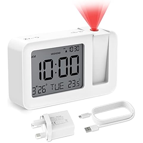 CHEREEKI Projection Alarm Clock, Digital Projector Clock Mains Powered Bedside with Big Digit Display, Indoor Temperature Display, Snooze, 4 Adjustable Brightness for Bedroom, Home (White) Cover