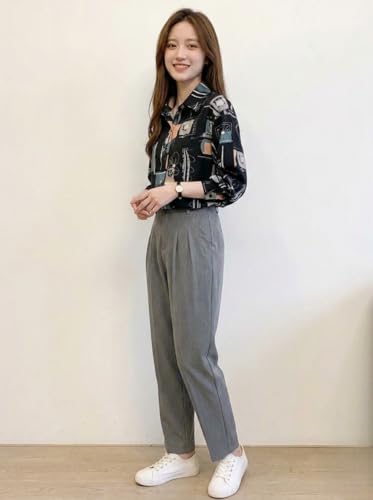 Image of ROYALICA Women's Short Sleeve Drop Shoulder Collared Blouse Button Down Graphic Print Blouse Shirts Top
