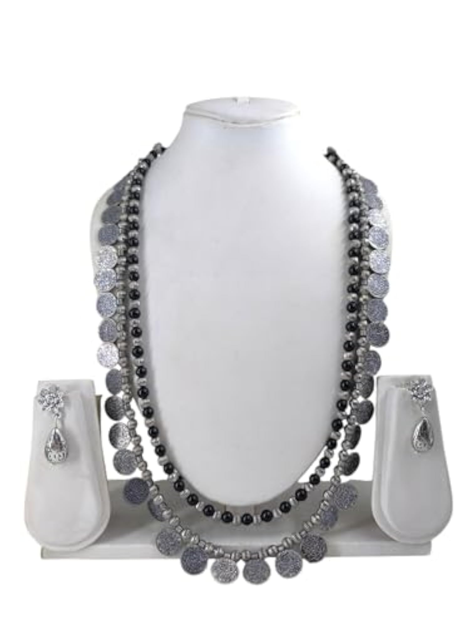 Oxidised Silver Layered Coin Necklace with Drop Earrings Set