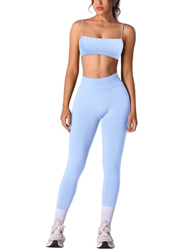 OMEWEE Workout sets for women 2 piece:Spaghetti Straps BacklessTop Bra and High Rise leggings for yoga Blue XS