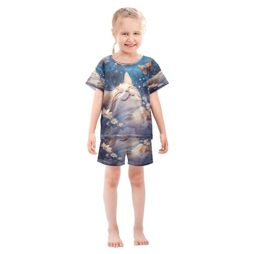 ALAZA Cat Butterfly Flower Blue Watercolor Pajamas Set Short Sleeve Cotton Sleepwear Summer Pjs 2 Piece 5-14Y3