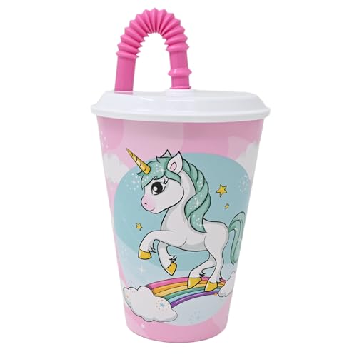 damaloo Einhorn Kinder Becher mit Deckel und Strohhalm - Unicorn Mehrwegbecher 0,4 l - Trinkbecher mit Strohhalm für Kinder - BPA frei für Kids - Einhorn Kinderbecher für Mädchen