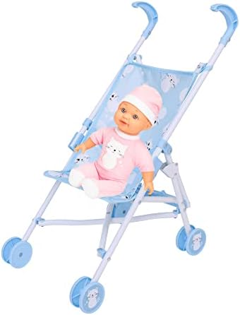 BabyBoo Kitty Stroller with Pink Doll | Toy Dolls Buggy In Blue with Cats | Baby Doll Pushchair | Childrens Baby Doll Stroller Toy Umbrella Fold Stroller | RolePlay Toy Dolls Buggy Pushchair | Age 2+
