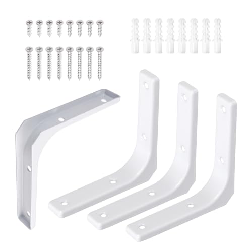 Swpeet 4 Pack 4"L x 4"H Iron Wall Shelf Bracket, Heavy Duty Shelf Support Bracket, Floating Shelf Bracket, Decorative Joint Angle L Steel Bracket Kit Contains 16/40MM Screws, Anchors for Home, White