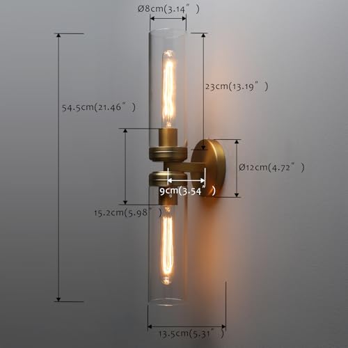 Image of Pathson 2 Lights Cylinder Glass Wall Sconce, Set of 2 Hardwired Wall Vanity Lights with Double Tube Glass, Vintage Aluminum Wall Lamp Decor for Bathroom Mirror Living Room Bedroom Fireplace Staircase