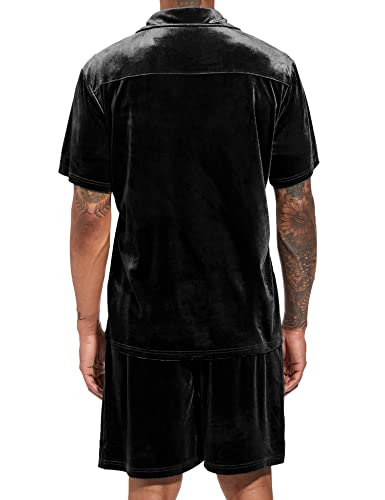 Lecgee Men Summer 2 Piece Outfits Button Down Short Sleeve Shirt Shorts Velvet Tracksuit Lounge Set(Black,Large) #TOP2