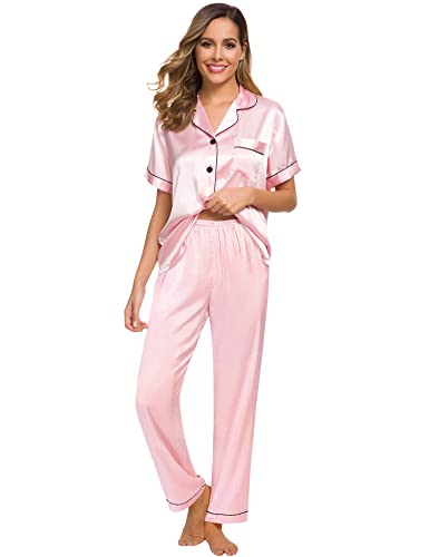 Swomog Womens Silk Satin Pajamas Short Sleeve Loungewear Two-Piece Sleepwear Button-Down Pj Set #TOP1