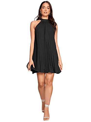 Sweatyrocks Women'S Sleeveless Tie Back Halter Dress Mini Swing Pleated A-Line Skater Dress Solid Black M thumb #4