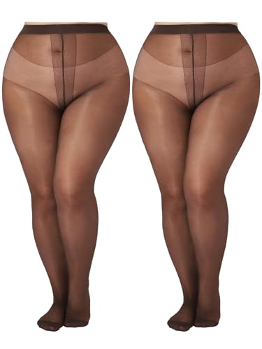 Image of Plus Size Sheer Black Tights for Women T-Crotch 20D Ultra Thin Pantyhose High Waist Stockings 2 Pairs