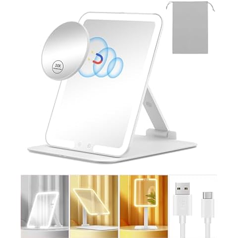 Gospire Travel Makeup Mirror with Lights and Magnification 10X, Portable Make Up Compact Tabletop Mirror with Adjustable Stand, 3 Colored Lights Rechargeable Lighted LED Vanity Mirror - White Cover
