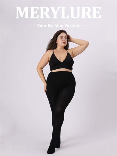 MERYLURE 240D Plus Size Tights for Women Opaque Control Top Pantyhose Ultra Soft High Waist Solid Color Footed Stockings 5