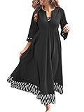  ZANZEA Casual Maxi Vestidos Mujer Cuello en V Manga Larga Vestido de Playa Patrón Floral Vestido de Verano Patchwork Negro L