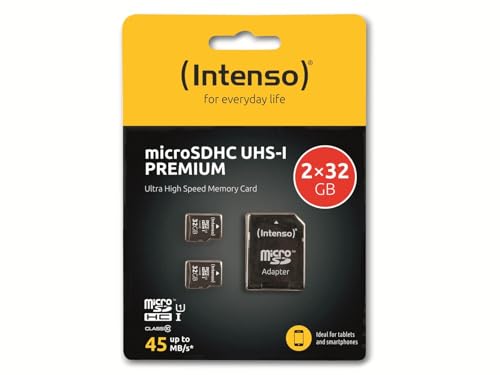 Intenso Premium micro SD Karte 32 GB microSDHC 2x32 GB Doppelpack Class 10 UHS-I bis zu 90 MB/s inkl. SD-Adapter schwarz