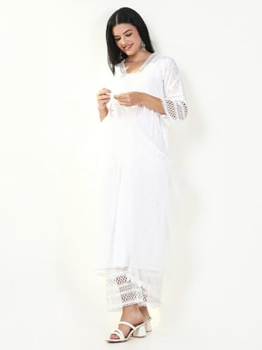 Image of SHOWOFFFF Women Solid Three-Piece Anarkali Festive Kurta Set | V Neck 3 /4th Sleeves Cotton Kurta Set for Womens | Mid-Rise Regular Fit Calf Length Kurta Set for Women's