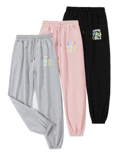 Image of EXARUS 3 Pack Girls Sweatpants Joggers Teen Sweat Pants Wide Leg | Tween Baggy Casual Preppy Pockets High Rise Elastic Waist School Sports Trendy Clothes Kids Youth Junior 6-14Y