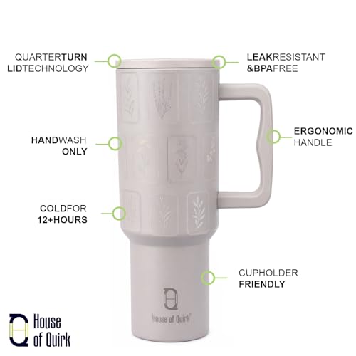 Image of House of Quirk 1200ML Stainless Steel Tumbler with Handle & Lid, 2 Straws - Large Travel Mug Water Cup for Gym, Office & Outdoor Use (Oat Flora)
