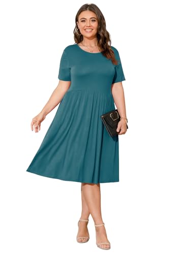 Image of POSESHE Womens Plus Size Summer Dress 2026 Casual Short Sleeve Empire Waist Loose Fit Swing T-Shirt Dress with Pockets
