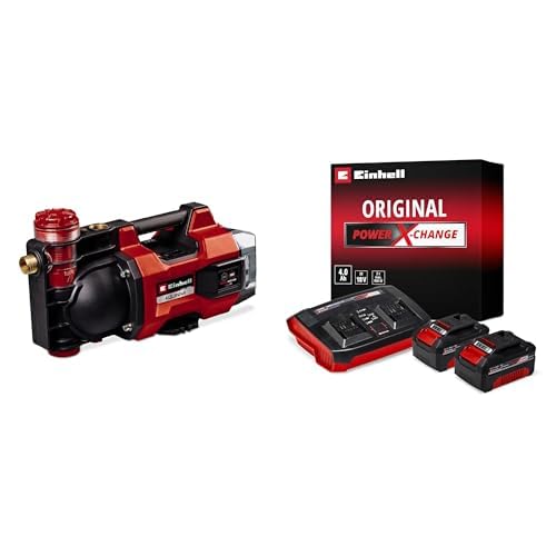 Einhell Bomba de jardín con batería AQUINNA 18/30 F LED Power X-Change 18 V, caudal máx. 3000 l/h, 2 ranuras de batería, duración doble + Einhell Starter Kit 2 x 4 Ah Battery and Twincharger 18 V