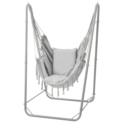 SELFLA Silla Colgante en U con Soporte, Silla Colgante de Acero Resistente con Soporte para Interior y Exterior, Base Estable, Capacidad 100 kg, Montaje fácil   Gris