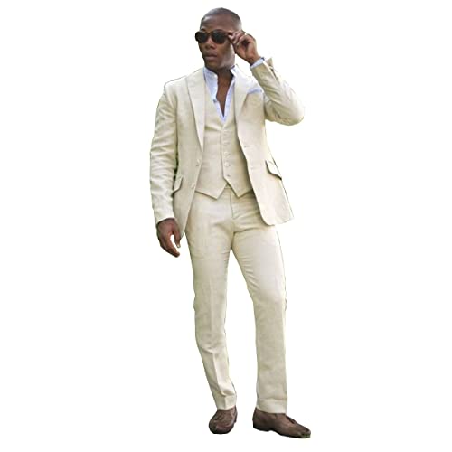 Mens Off-White Linen Peak Lapel Blazer Pants Vest Casual Groom Prom Tuxedo Wedding 3 Pieces Suit
