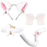 [GOODCHI] 猫耳 カチューシャ 首輪 肉球手袋 しっぽ 可愛い 鈴付き 蝶結び 仮装小物 ハロウィン コスプレ 4点セット ホワイト
