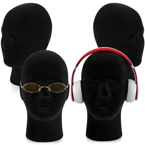 Barydat 4 Pcs Black Velvet Foam Mannequin Head Stand Male Wig Hat Display
