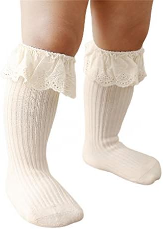 N / D Newborn Toddler Kids Baby Girls Infant High Knee Knitted Socks Cute Ruffle Lace Long Stockings Fall Winter (Beige White, 0-1 Years)