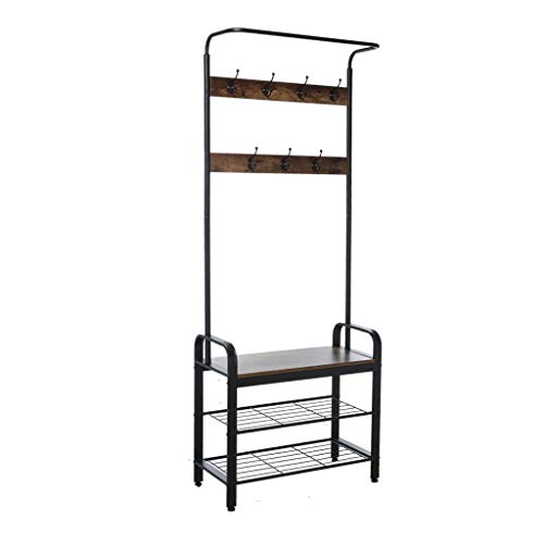 Shamoluotuo Industrial Coat Rack Shoe Bench, 3 Tiers 7 Hooks Hall Tree Entryway Storage Shelf, Wood Look Accent Furniture With Metal Frame, 3 In 1 Design, 28.3"L X 13.4"W X 72.1"H #TOP2