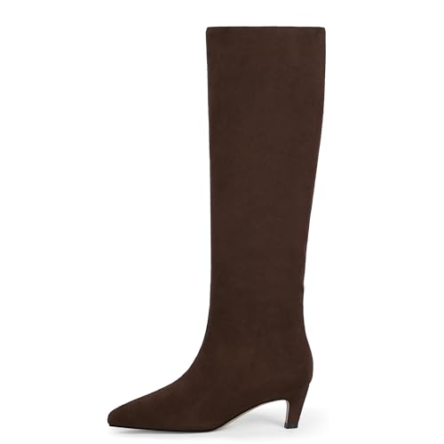 Modatope Knee High Chocolate Brown Boots for Women Kitten Low Heel Square Toe Tall Suede Long High Boots Size 9.5