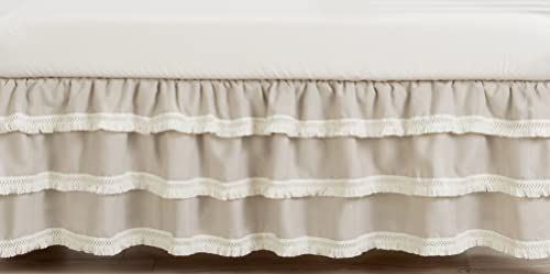 Image of Sweet Jojo Designs Boho Bohemian Boy Girl Baby Crib Bed Skirt Nursery Dust Ruffle - Solid Taupe Beige Ivory Cream Off White Linen Farmhouse Shabby Chic Designer Modern Minimalist Ruffle Tassel Macrame