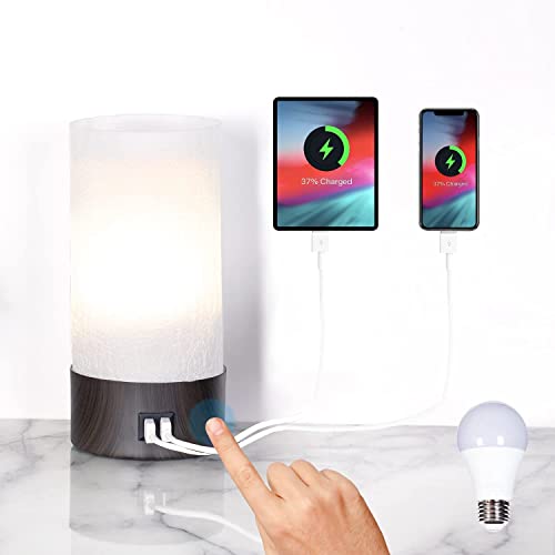 COOSA Touch Bedside Lamp with 2 USB Charging Port— 3 Way Dimmable Nightstand Lamp with Cylindrical Glass Shade for Bedroom ,Living Room, College Dorm, Office,E26 LED Bulb Included