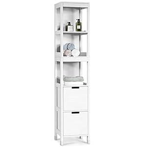 COSTWAY Smal, badkamerkast met 2 laden en 3 open vakken, hoge kast voor badkamer, kast voor badkamer en woonkamer, 30,5 x 30,5 x 145 cm, wit