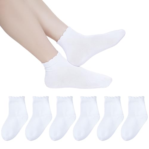 6 Pack Girls White Ruffle Dress Socks Cotton Ruffle Frilly Crew School Uniform Socks