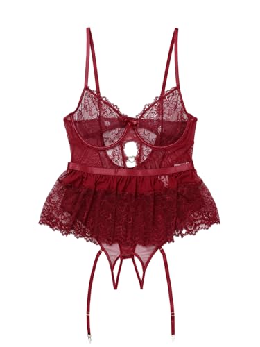 Image of Lilosy Sexy Lingerie Set 3 Piece Women Corset Bodysuit Skirt | Rhinestone Heart Stocking Garter Plus Size Underwire Mesh Sheer Lace Push Up Babydoll Halloween Christmas Valentine's Bridal
