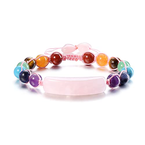 GEHECRST Schmuck 7 Chakra Armband mit Herz Anhänger Glücksarmband Steine Armband Yoga Armband Rosenquarz Armband geflochten einstellbar Armband Healing Reiki Energietherapie Glückbringen Cover