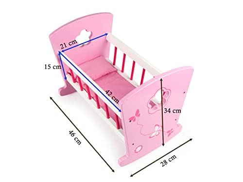 Cuna Mecedora de Madera Rosa 46x28x34 cm con Almohada y Edredón | Ropa de cama incluida, edredón más almohada, movimiento de balancín, accesorio para cuidar muñecas durante el juego