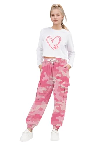 Image of ARTMINE Girls 2 Piece Outfits Long Sleeve Tee Shirts and Cargo Jogger Pants Set, 6-14 Years