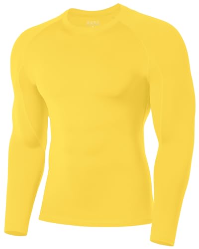 Poekuao Long Sleeve Compression Shirts for Men Cool Dry Workout Undershirts High Elastic Athletic Base Layer for Sports Running Gym Yellow XL