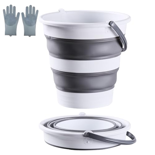 15L/4 Gal Large Collapsible Bucket with Handle - Portable Silicone Mop Bucket for Cleaning, Camping, Car Washing - Space-Saving for Outdoor, Fishing, Household – Pair of Silicone Gloves for Free