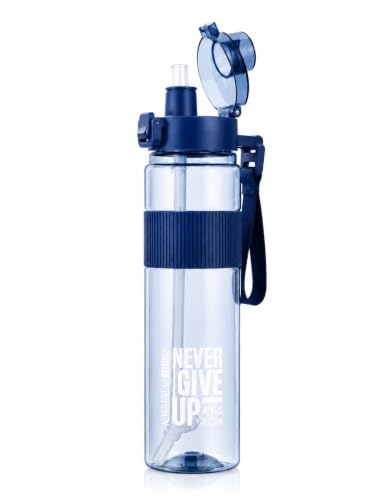 Image of Sports Water Bottle with Straw & Carry Strap | Leakproof BPA-Free Gym Bottle | Flip Lock Lid | MOTIVATIONAL NEVER GIVE UP BOTTLE | Office, School, Gym & Travel (Blue)