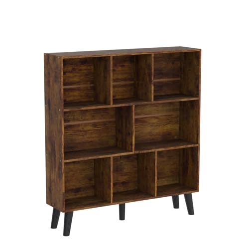 LEYAOYAO 8 Cube Bookshelf,3 Tier Bookcase with Legs,Rustic Brown Mid-Century Modern Bookshelves,Large Open Storage Organizer Shelf, Wooden Book Case