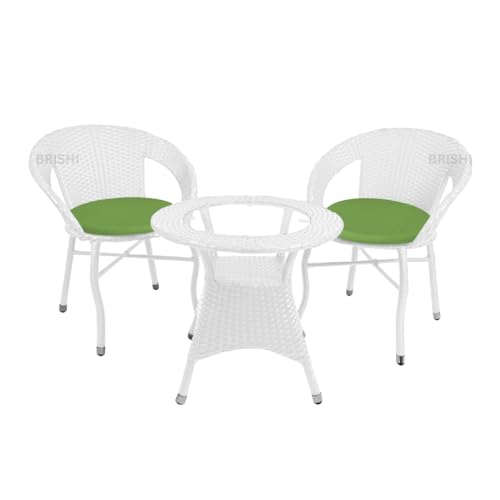 Image of BRISHI 3-Piece Outdoor Rattan Wicker Patio Coffee Table Set with Green Cushion | Garden Furniture for Balcony, Terrace, Poolside & Porch | Waterproof Bistro Sets for Home & Backyard (White)