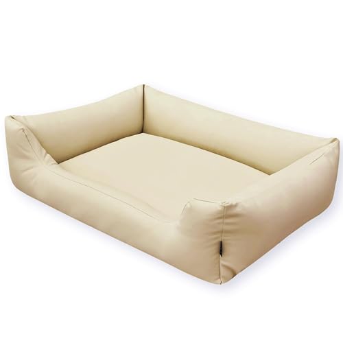 4L Textil Mario Hundebett Kunstleder Hundekorb aus Kunstleder Wasserfestes Hundebett mittelgroße Hunde Hundesofa Lederoptik (100x70 cm, Beige)