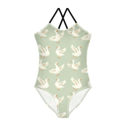 senya Girls Swimsuits One-Piece Swimwear Tie Bathing Suit Beach Summer Round Neck 5-6T Duck Light Green Background Pattern