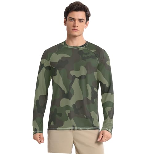Abstract Camouflage for Hunting in Green Brown Black Style Men Round Neck Sunscreen Cool Sun Protection Soft Comfortable Lightweight Blouse for Cycling Hiking Driving (X-L)