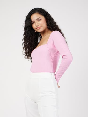 Image of SASSAFRAS Women's Slim Fit Full Sleeves Rib Square Neck Ribbed Basics - Casual Ribbed T-Shirt Tops